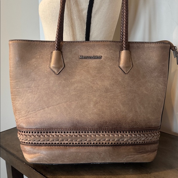 Montana West Pewter Brown Faux Leather Concealed Carry Bag Tote Braided Details - Picture 11 of 15